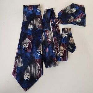 Don Loper Beverly Hills Mens Polyester Tie & Pocket Square Blue Purple Silver